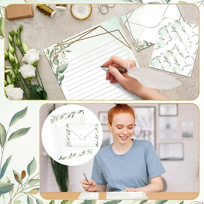 TaoBary 160 Pcs Stationery Paper Set 50 Double Sided Stationery Papers with 50 Matching Envelopes and 60 Round Dot Sticker, 10 Design(Eucalyptus,5.5 x 8.25 Inch)