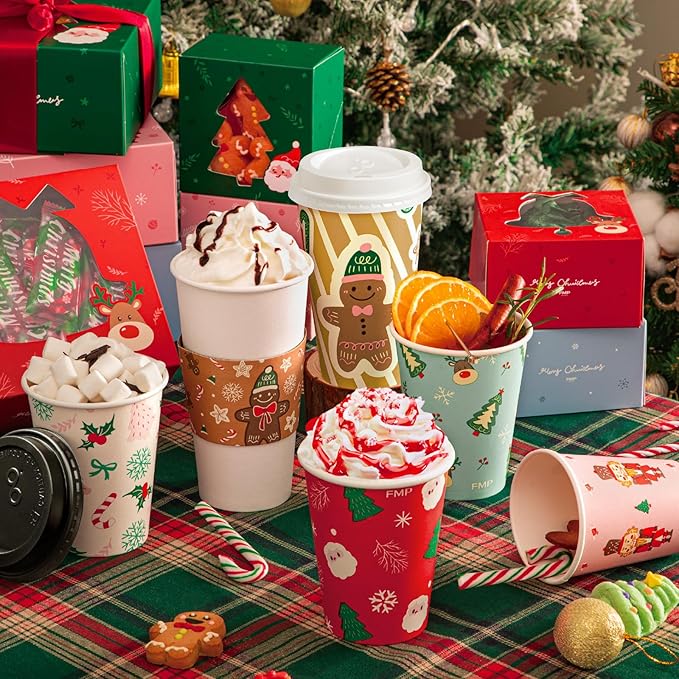 Fit Meal Prep 50 Pack 16 oz Christmas Disposable Coffee Cups with Lids, Sleeves, Leak-Proof To Go Coffee Cups with Lids, Durable Holiday Hot Paper Cups for Home, Office, Party, Business