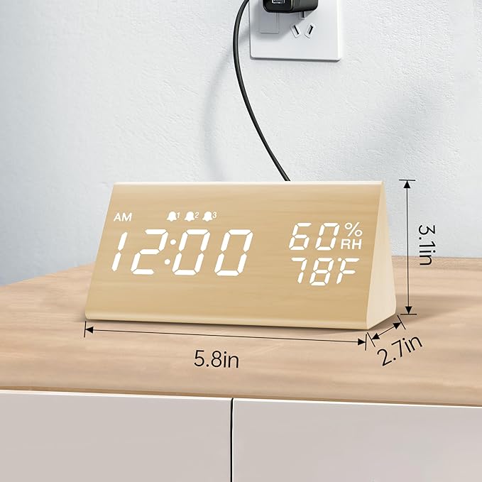 JALL Digital Alarm Clock, with Wooden Electronic LED Time Display, 3 Alarm Settings, Humidity & Temperature Detect, Wood Made Electric Clocks for Bedroom, Bedside (Yellow)
