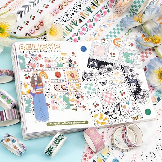 55 Rolls Holiday Washi Tape Set - Decorative Tape Seasonal Bohemian Colored Tape, Cute Washi Tapes for Journaling Supplies, Scrapbooking Supplies kit, Summer Scrapbook Supplies