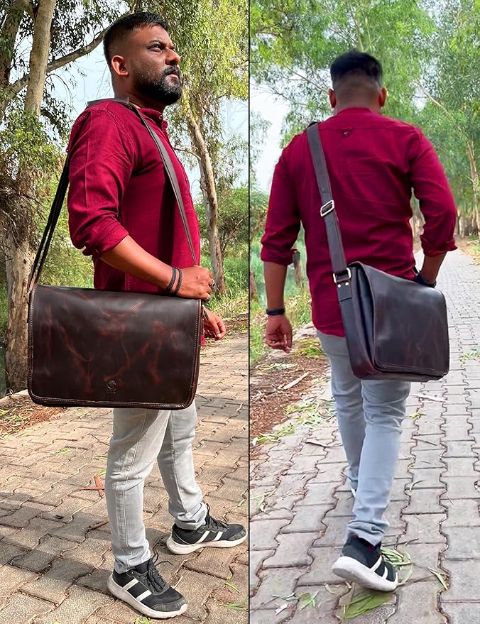 Leather Messenger Bag for Men 16" Full Grain Leather Laptop Bag Vintage Crossbody Office Satchel Travel Shoulder Bag