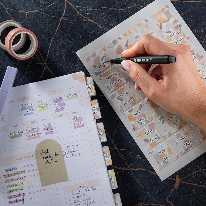 DIVERSEBEE Laminated Planner Monthly Tabs, 24 Peel and Stick Tabs for Notebooks (12 Month Tabs and 4 Blank Tabs), Calendar Monthly Tab Stickers for Planners, Monthly Dividers (Mist) DB117
