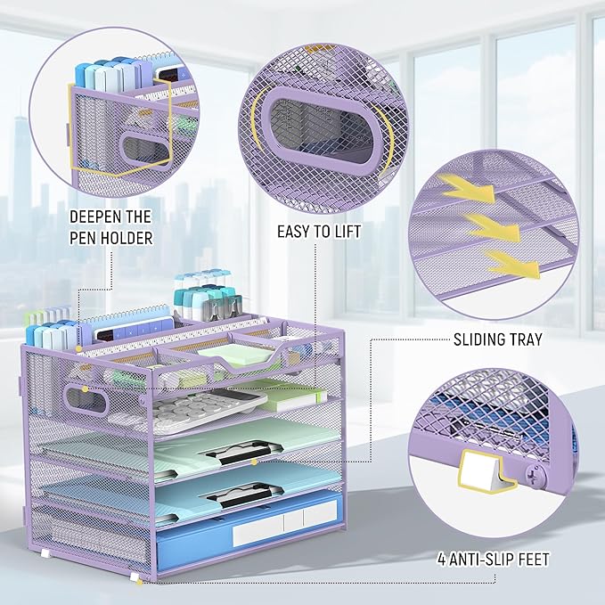 Docnest 5 Tier Mesh Desk Organizer- Letter Tray with Adjustable Compartments, Mesh Desktop Storage Built in Pen Holder and Handles, Desk Organizer Tray for Mail Documents Office Supplies–Purple