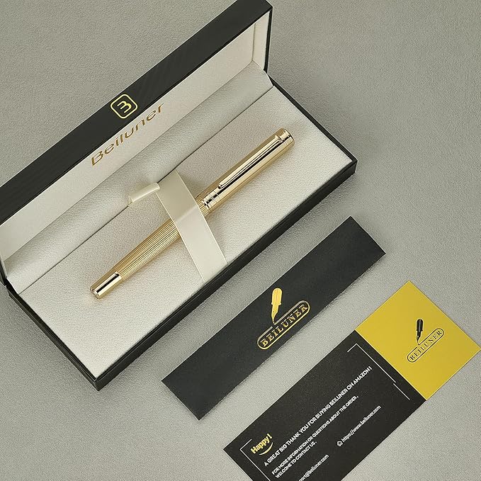 BEILUNER Lighthouse Series Rollerball Pen, 24K Gold Finish Pen Body, Exquisite Vertical Lines, Schneider 850 Refill, Nice Pen Gift Set for Men & Women, Office, Executive and Fancy Designer Pens (Gold)
