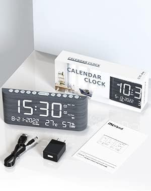 Mesqool Digital Alarm Clock, with Calendar Temperature and Humidity, Loud Volume, Dual Alarm, USB and Type-C Charging Ports, Dimmer, 12/24H, Snooze, Stylish Wood Grain Pattern Digital Clock for Décor