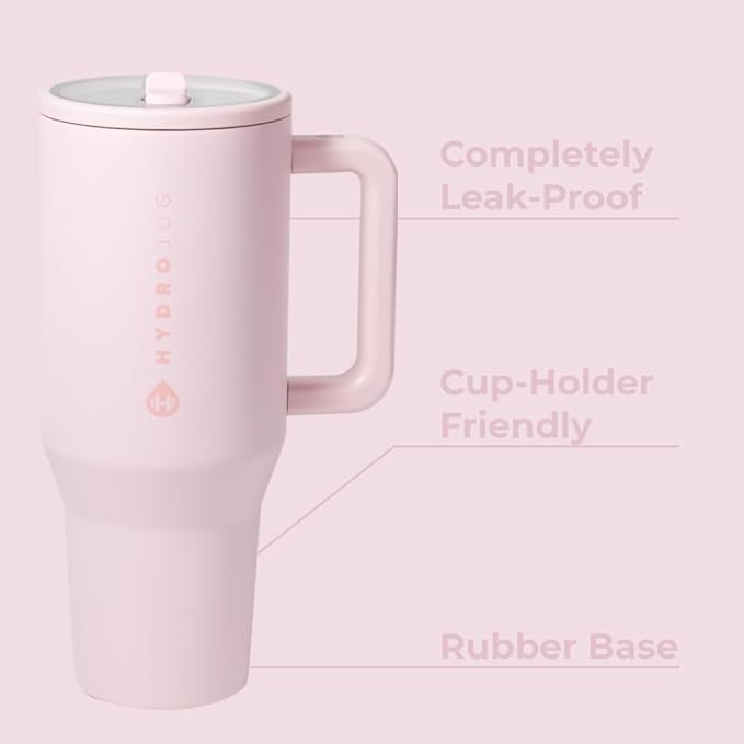 HydroJug Traveler - 32 oz Water Bottle with Handle & Flip Straw - Fits in Cup Holder, Leak Resistant Tumbler-Reusable Insulated Stainless Steel & Rubber Base - Gifts for Women & Men, Pink Sand