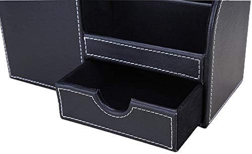 KINGFOM Desk Organizer Office Supplies Caddy Pu Leather Multi-function Storage Box Pen/Pencil,Cell phone, Business Name Cards Remote Control Holder with Small Drawer Black