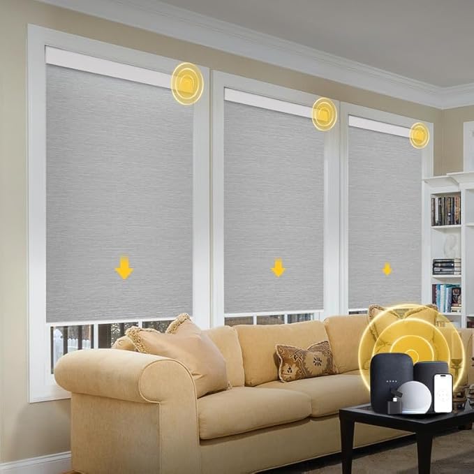 Motorized Blinds with Remote, Grasscloth Fabric Smart Blinds with Valance Cover