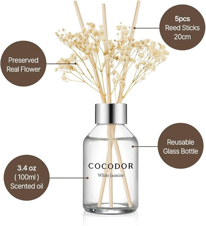 COCODOR Flower Reed Diffuser Set / 3.4oz / White Musk/Scent Diffuser with Sticks Home Fragrance Reed Diffuser for Bathroom Shelf Decor