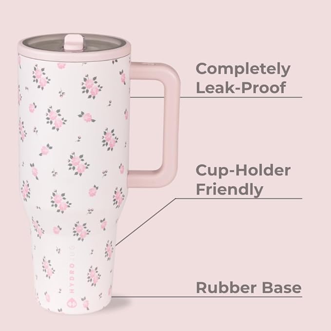 HydroJug Traveler - 40 oz Water Bottle with Handle & Flip Straw - Fits in Cup Holder, Leak Resistant Tumbler-Reusable Insulated Stainless Steel & Rubber Base - Gifts for Women & Men, Wildrose