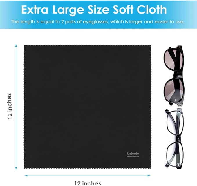 Wsivoiv 6PCS Large Eyeglass Cleaning Cloths, 12 x12 inches Glasses Cleaner, Individually Wrapped, Premium Microfiber Cleaning Cloth for Glasses, TV, Laptop Screens and Lens, Easier to Grip and Use