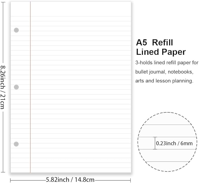 A5 Filler Paper, 3 Hole Planner Refills, Organizer, Loose-leaf Binder Paper, 100 Sheets/200 Pages, Lined, 100gsm, White, 5.8 x 8.2 Inch, 3 Hole Filler Paper, Mini Binder Refill Inserts