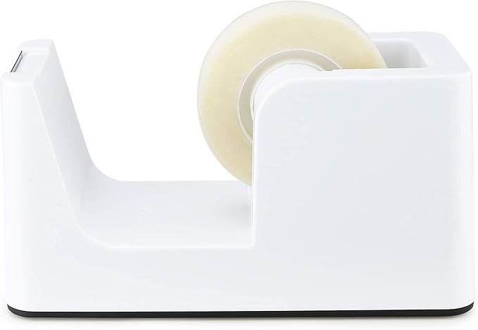 ABEL SimpleWork Desktop Tape Dispenser, White, 1 in Core, Non-Skid Weighted Base, Tape Cutter for Office, Home, School, and Crafts
