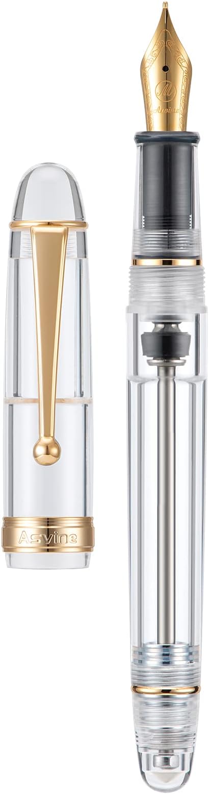 Asvine V126 Vacuum Filling Fountain Gold Plated Fine Point, Clear Demonstrator Pen, Large-Capacity with Gift Case