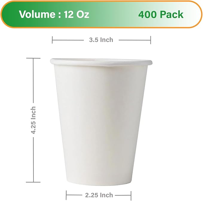 White Paper Coffee Cups – 12 Oz. [400 - Pack] Disposable Hot & Cold Beverage Cups | Durable Paper Cups for Hot and Cold Coffee, Water, Juice, Tea & More – Ideal for Office, Parties, Home & Travel Use