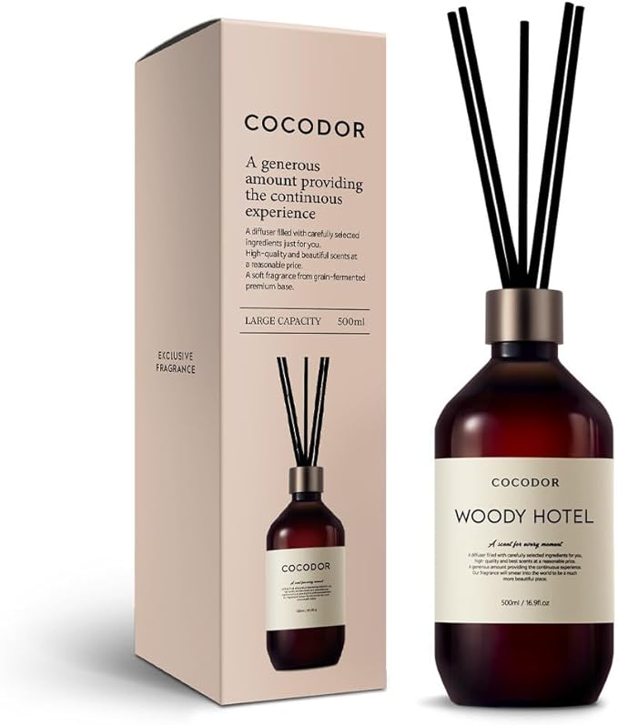 COCODOR Premium Reed Diffuser/Woody Hotel /16.9oz /1 Pack/Large Capacity Fragrance Scent Oil Stick Diffuser Set for Bedroom Bathroom Home Décor