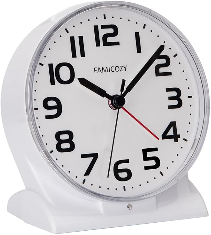 FAMICOZY Automatically Backlighted Alarm Clock,Silent No Ticking for Seniors Vision Impaired,Easy to Set,Big Numbers,Ascending Alarm,Gentle Wake,Snooze,2 AA Battery Operated,White