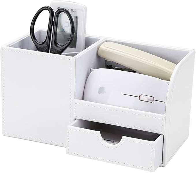 KINGFOM Desk Organizer Office Supplies Caddy Pu Leather Multi-function Storage Box Pen/Pencil,Cell phone, Business Name Cards Remote Control Holder with Small Drawer White