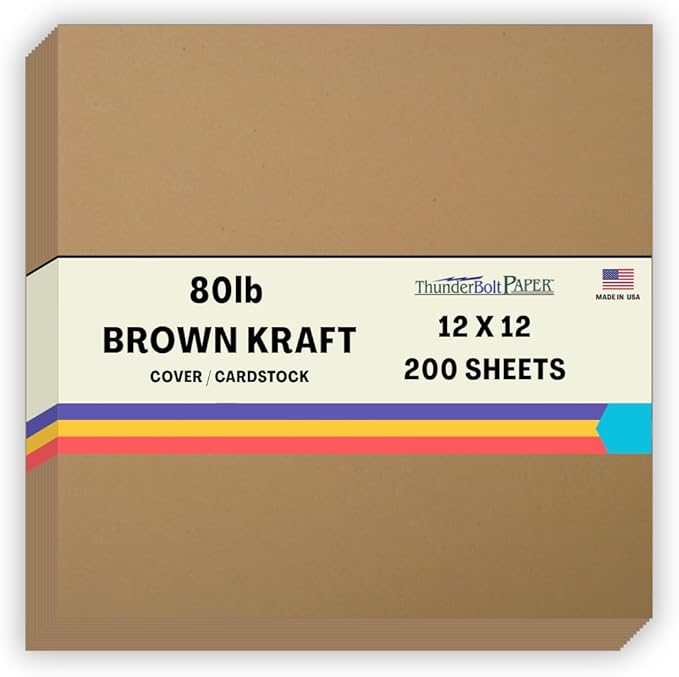 200 Brown Kraft Fiber 80# Cover Paper Sheets - 12 X 12 Inches Scrapbook Album|Cover Size - Rich Earthy Color with Natural Fibers - 80lb/Pound Cardstock - Smooth Finish