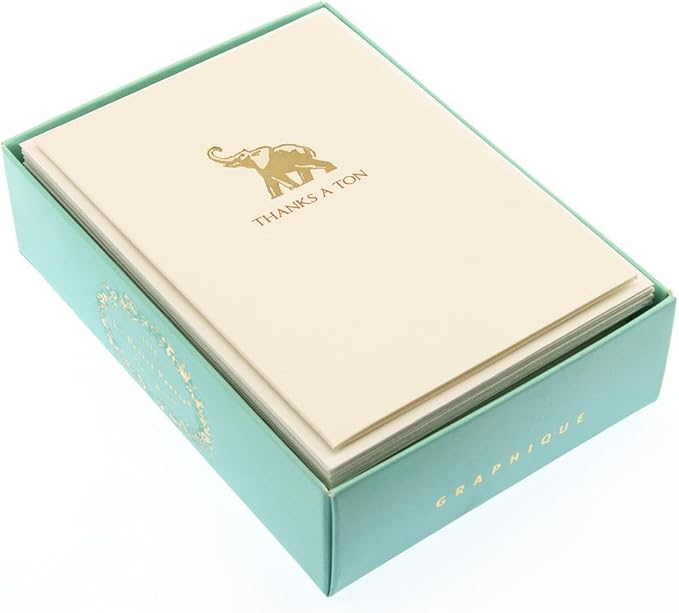 Graphique Elephant La Petite Presse Boxed Notecards - 10 Embossed and Embellished Gold Foil "Thanks a Ton" Elephant Notes with Matching Envelopes, 3.25" x 4.75