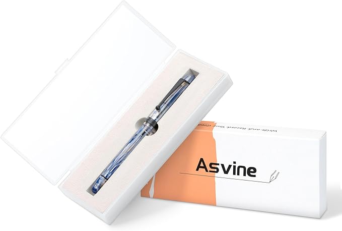 Asvine V126 Vacuum Filling Fountain Pen Matte Black Fine Point, Blue Swirl Acrylic Pen Gift Case