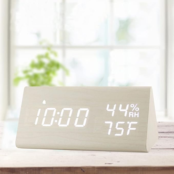 Digital Alarm Clock, with Wooden Electronic LED Time Display, 3 Alarm Settings, Humidity & Temperature Detect, Wood Made Electric Clocks for Bedroom, Bedside (White)