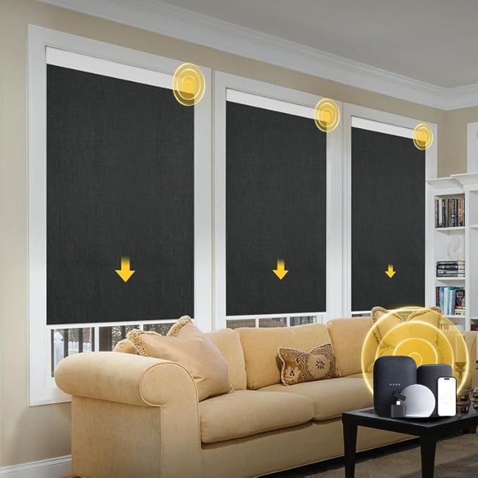 Motorized Blinds with Remote, Grasscloth Fabric Smart Blinds with Valance Cover