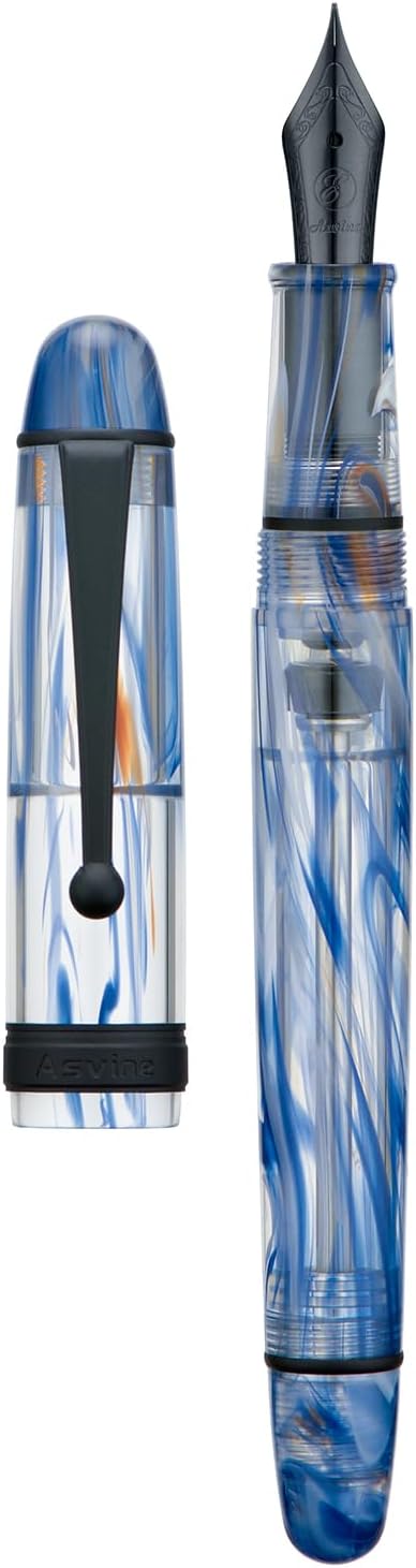 Asvine V126 Vacuum Filling Fountain Pen Matte Black Fine Point, Blue Swirl Acrylic Pen Gift Case
