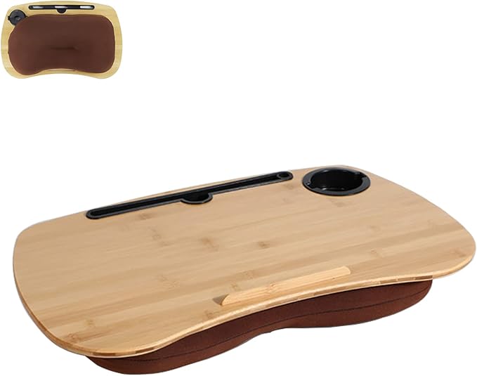 SUMISKY Lap Desk-Portable Laptop Table with Cushion Bamboo Platform Phone Holder L(21.6"x13.8") with Cup Holder