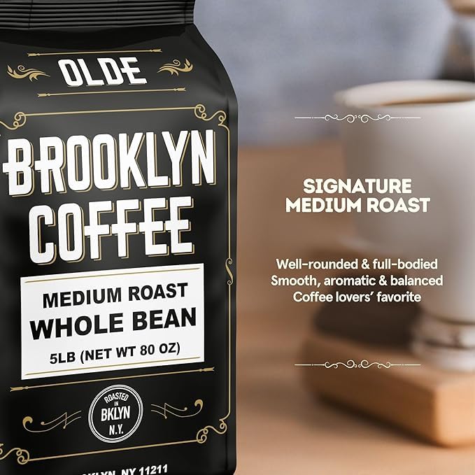 BROOKLYN COFFEE Whole Bean, Classic Medium Roast (5lb) Balanced, Smooth, Mellow - Fresh Bulk Coffee Beans Roasted Weekly in NYC