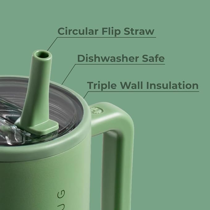 HydroJug Traveler - 40 oz Water Bottle with Handle & Flip Straw - Fits in Cup Holder, Leak Resistant Tumbler-Reusable Insulated Stainless Steel & Rubber Base - Gifts for Women & Men, Sage