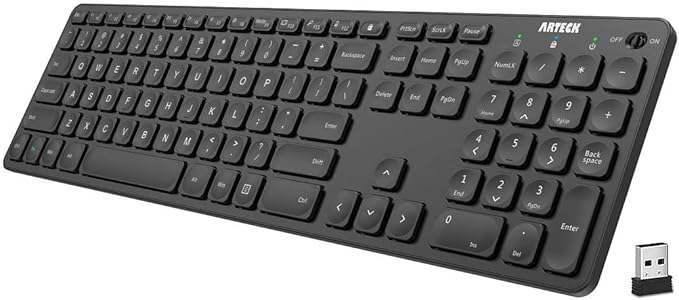 Arteck 2.4G Wireless Keyboard Ultra Slim Full Size Keyboard with Numeric Keypad and Media Hotkey for Computer/Desktop/PC/Laptop/Surface/Smart TV and Windows 10/8/ 7 Built-in Rechargeable Battery