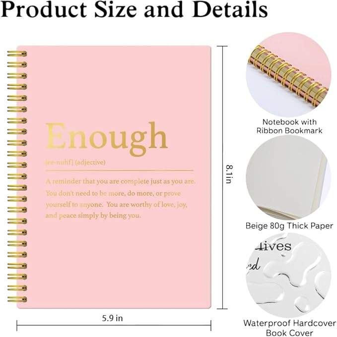 XQLZY Enough Definition Pink Gold Spiral Notebook, Resignation Retirement Promotion Inspirational Gifts for Woman Coworker Boss Friend, Self-Affirmation Gifts for Women, Inspirational Journal Present