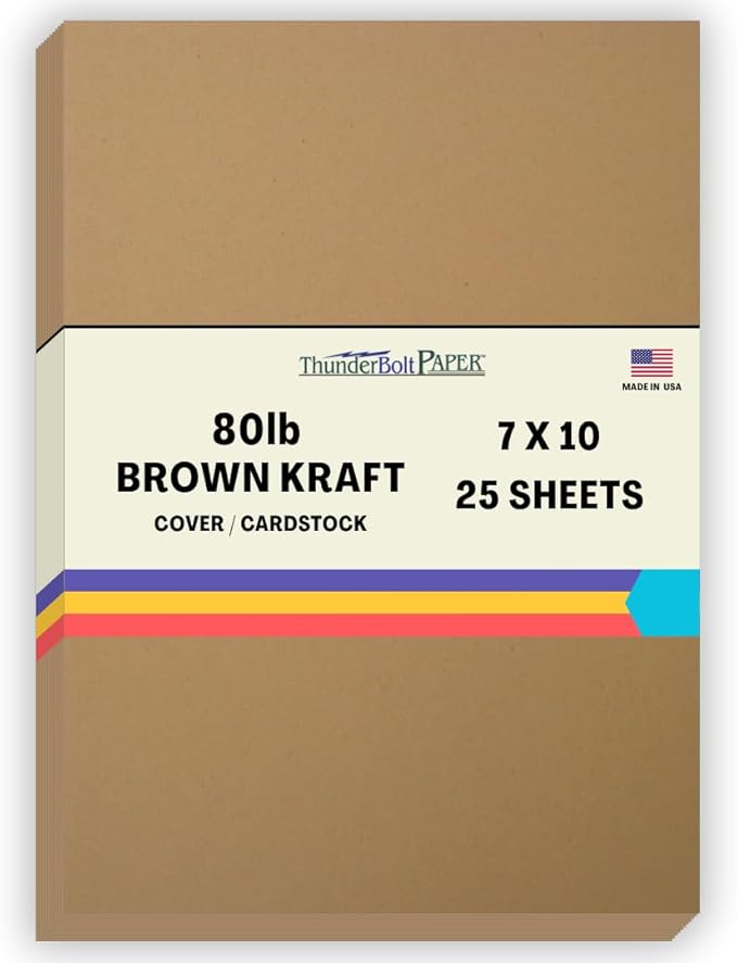 25 Brown Kraft Fiber 80# Cover Paper Sheets - 7X10 Inches Photo|Card|Frame Size -May Fold to 5X7 - Rich Earthy Color with Natural Fibers - 80lb/Pound Cardstock - Smooth Finish