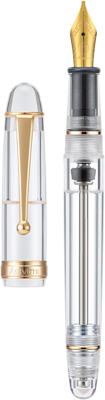 Asvine V126 Vacuum Filling Fountain Pen, Clear Demonstrator Acrylic Stub Nib 1.1mm Calligraphy Art Drawing with Case Set