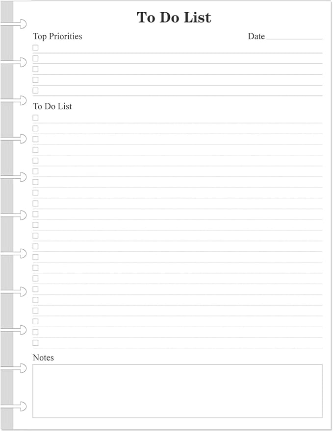 Letter Size TUL Discbound To Do List Refills, 11 Disc Daily Planner Insert, 100Sheets / 200Pages To Do Paper, 100gsm White Paper, 8.5'' x 11''