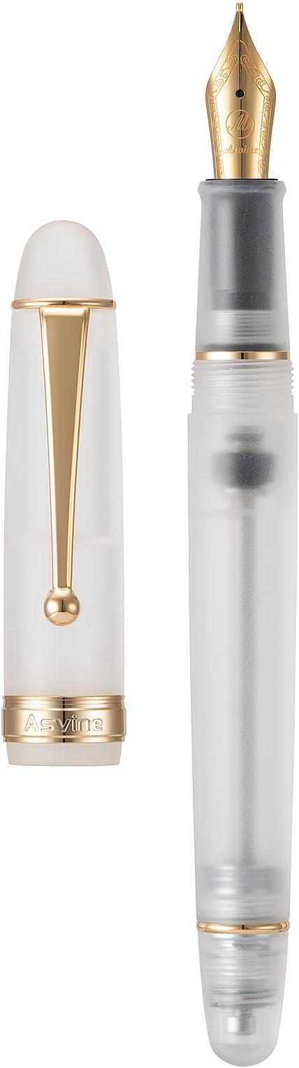 Asvine V126 Vacuum Filling Fountain Pen Gold Plated Fine Point, Frosted Transparent Clear Acrylic Pen Gift Case