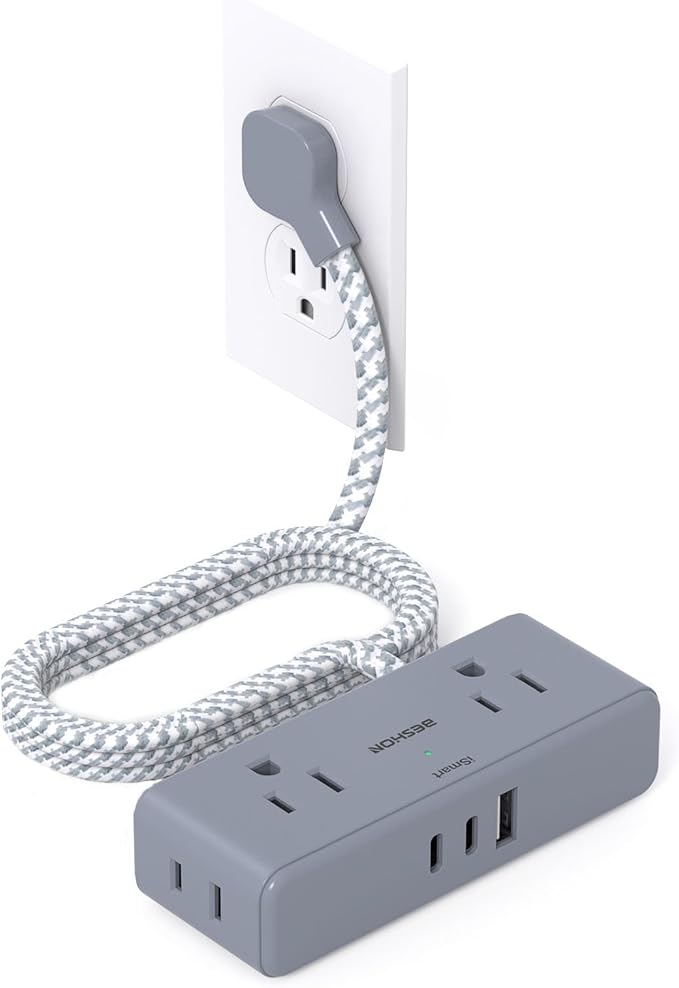 Extension Cord 10 ft, BESHON Flat Plug Power Strip, 4 Widely Outlets with 3 USB Ports (2 USB C), Extension Cord with Multiple Outlets for Home, Office, Dorm Room Essentials Gray