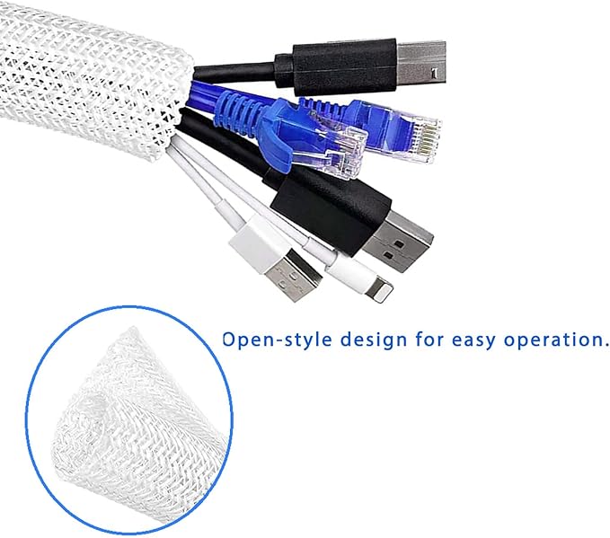 1/2" x25ft Braided Cable Sleeve – Split Self-Wrapping Wire Loom Tubing for USB, Power, Audio/Video Cords – Chew-Resistant Cord Protector, White Expandable Sleeving