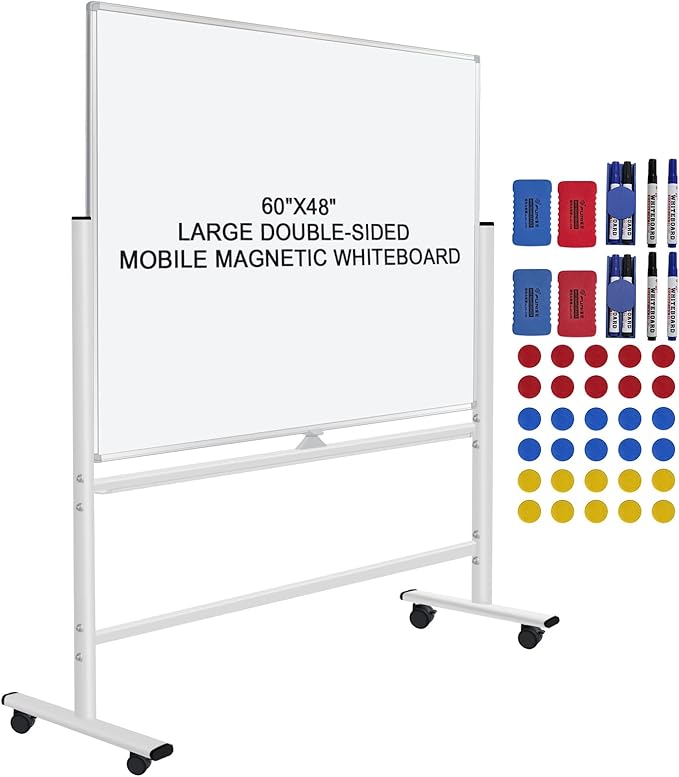 H-Qprobd 60"x48" Mobile Whiteboard Double-Sided Magnetic Dry Erase Board on Wheels - Comercial Rolling White Boards with Sturdy Stand for Home, Office & School