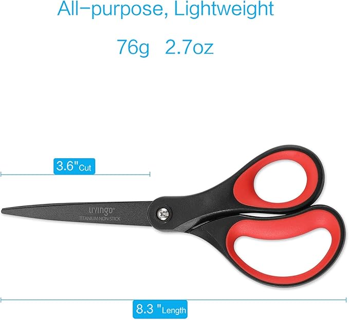 LIVINGO 2 Pack 8" Titanium Non-Stick Scissors, Professional Stainless Steel Comfort Grip, All-Purpose, Straight Office Craft Scissors for DIY(Red/Black)