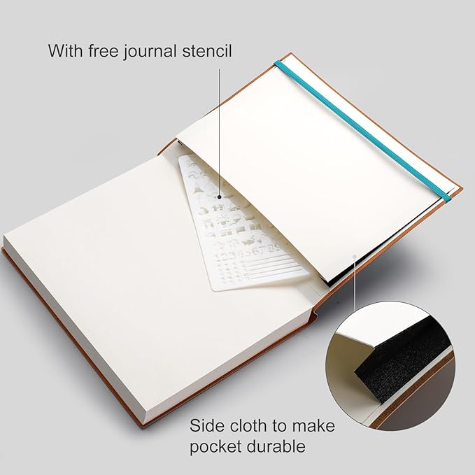 AHGXG Bullet Dotted Journal - 320 Pages Dot Grid Notebook B5 Large Journal, 7.6'' X 10'', 100gsm Thick Dotted Paper, Leather Softcover, with Journal Stencils, Inner Pocket - Cyan