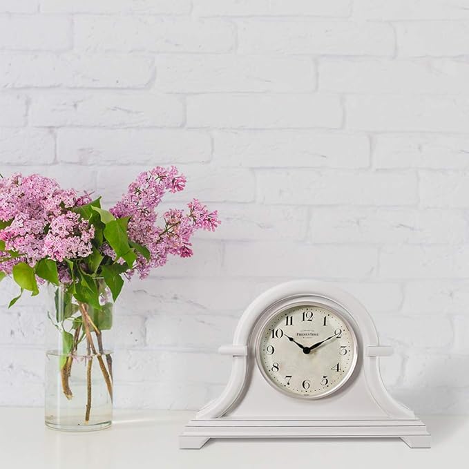 Presentime & Co. Mantel Clock Vintage Farmhouse Series, Napoleon Desk & Shelf Clock, 13 x 10 inch, Domed Lens, Quartz Movement, ABS Plastic Case, Gray Cream Finish (Home/Tabletop Decoration)