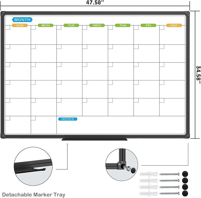 JILoffice Dry Erase Calendar Whiteboard 48 X 36 Inch - Magnetic White Board Calendar Monthly, Black Aluminum Frame Wall Mounted Board for Office Home and School