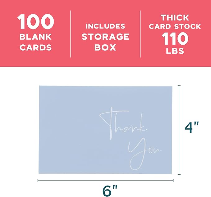 VNS Creations Thank You Cards With Envelopes Bulk Set & Stickers - 100 Pack 4x6 Blank Thank You Notes Bulk Box Set - Large Note Card Small Business, Wedding, Baby Shower & Bridal Shower - Light Blue