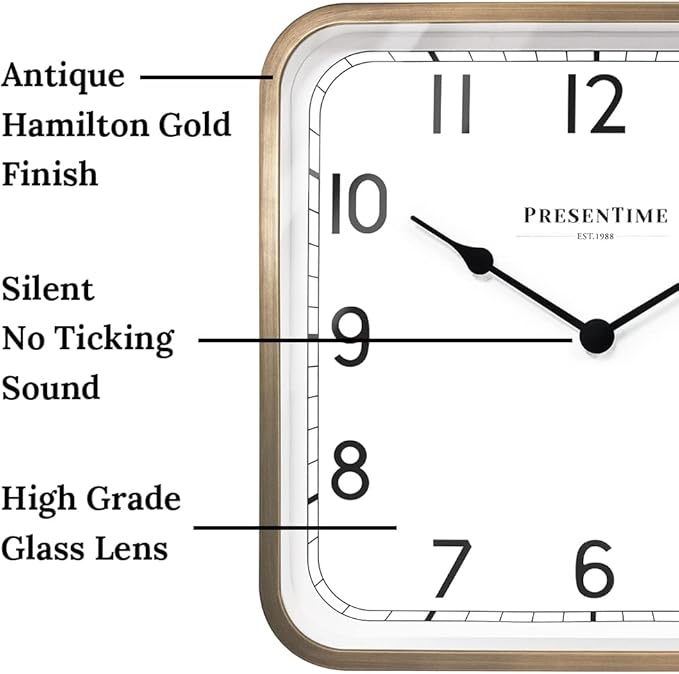 Presentime & Co. 16" Anton Vintage Square Clock, Silent No Ticking, Wall Art and Timepiece for Home Decoration/Wall Décor, Antique Hamilton Gold Color