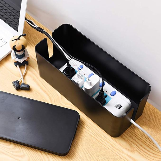[Set of Three] Cable Management Boxes Organizer, Large Storage Wires Keeper Holder for Desk, TV, Computer, USB Hub, System to Cover and Hide & Power Strips & Cords (Black)