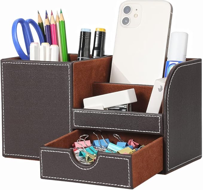KINGFOM Desk Organizer Office Supplies Caddy Pu Leather Multi-function Storage Box Pen/Pencil,Cell phone, Business Name Cards Remote Control Holder with Small Drawer Brown