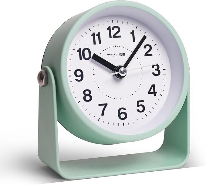 TIMESS Analog Alarm Clock, Silent Non-Ticking Quartz Movement, Battery-Operated with Snooze & On-Demand Light, Easy to Set Gentle Wake Bedside Desk Clock, Ideal for Home, Travel, Office (Green)