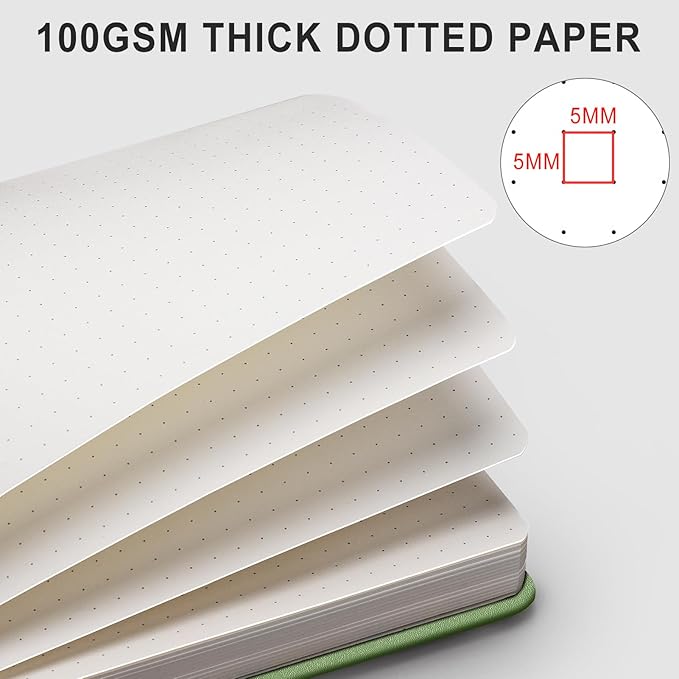 AHGXG Bullet Dotted Journal - 320 Numbered Pages Dot Grid Notebook A5 Thick Journal, 100gsm Thick Dotted Paper, Leather Hardcover,Inner Pocket, 5.75'' × 8.38''-LightGreen